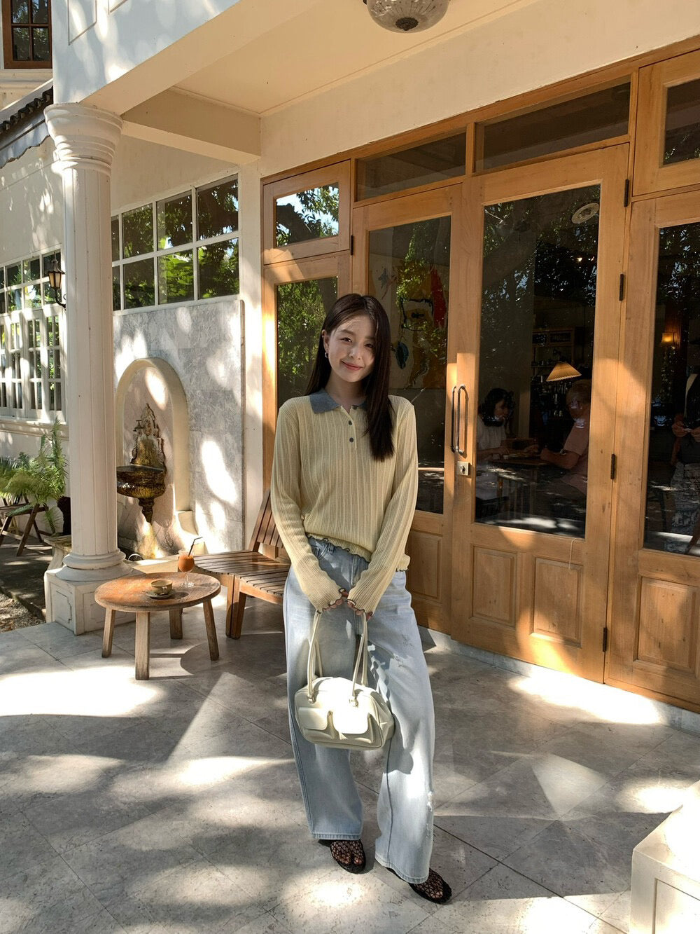 // 拼色領卷卷邊直紋鈕扣lyocell針織上衣