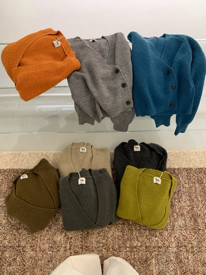 // 設計感交叉側鈕扣深V毛衣