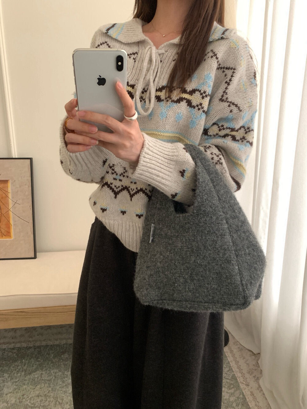 // 60%綿羊毛復古花紋綁帶翻領毛衣