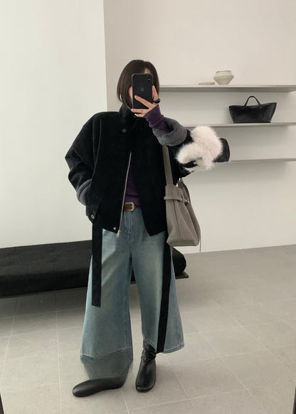 // 版型超好的拼毛毛底蛋白皮外套￼