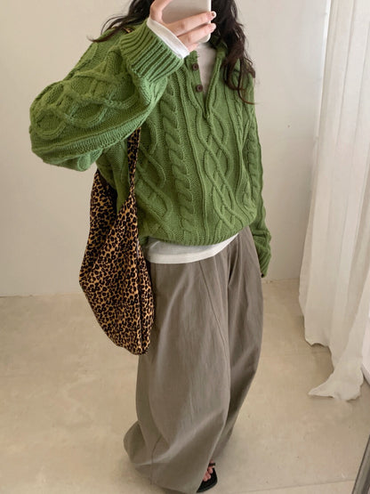 // 復古感重工麻花鈕扣翻領NT