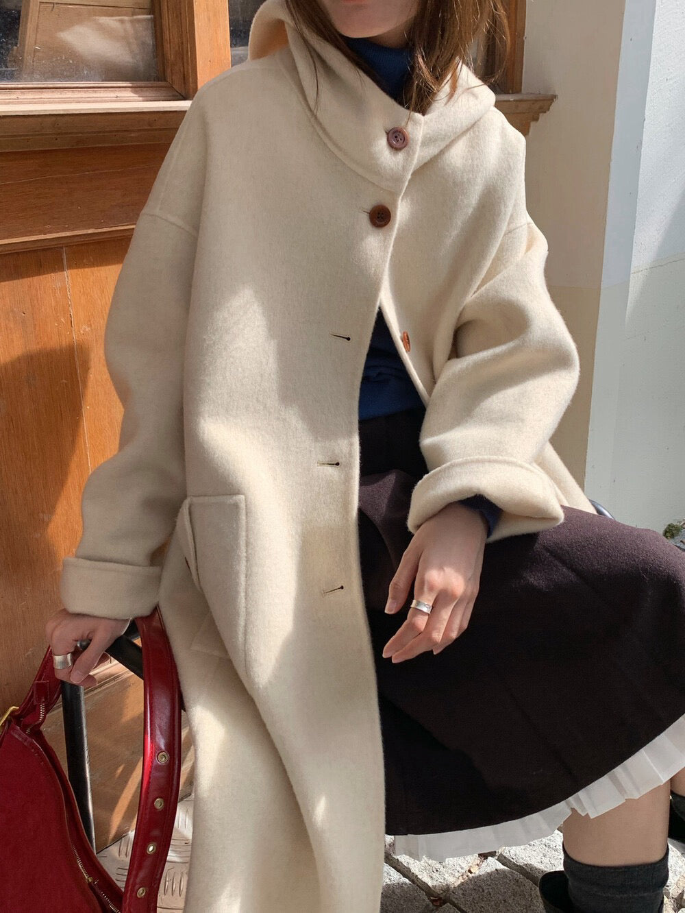 // 80%wool+20%alpaca連帽可愛口袋手工羊毛外套