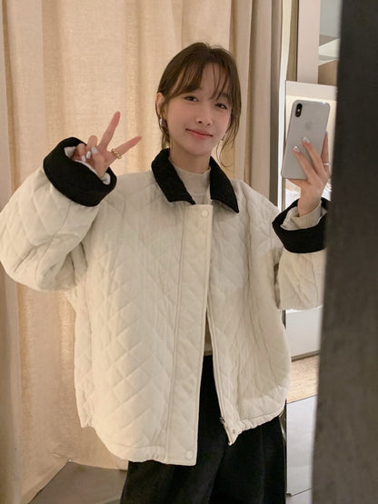 // 拼色燈芯絨領菱格絨面夾棉外套