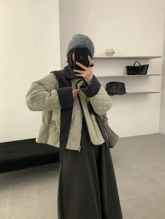 // 撞色包邊拼燈芯絨領可束腰菱格夾棉短外套(帽子可拆)