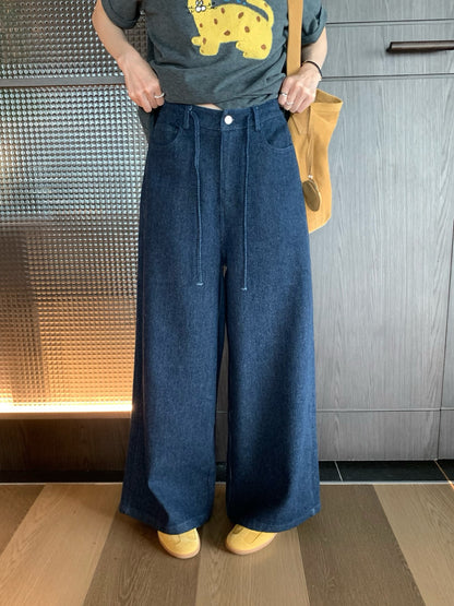 // 超直褲型抽繩綁帶腰軟牛仔褲