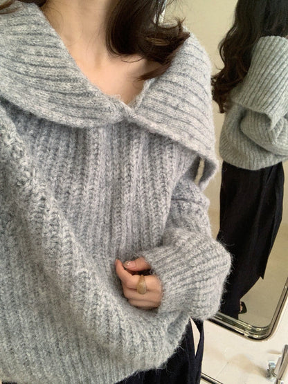 // 8%wool溫柔一字領鈕扣大翻領毛衣