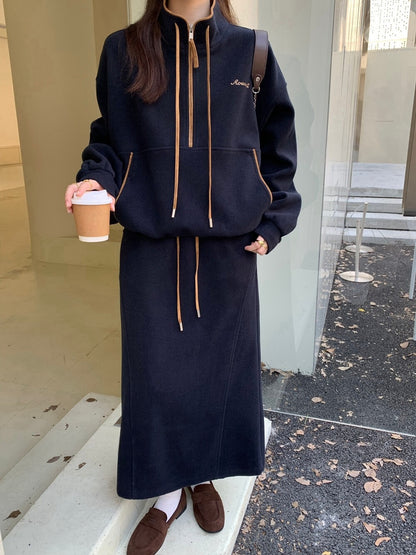 // 撞色邊小刺繡半拉鍊衛衣+半身裙套裝