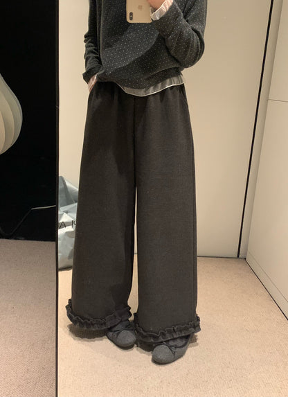 // 木耳邊花邊腳毛呢褲