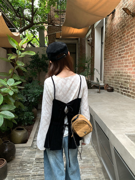 // 精緻刺繡上衣+後綁帶絲絨吊帶套裝