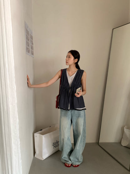 // 拼接lace邊假兩件綁帶背心BL