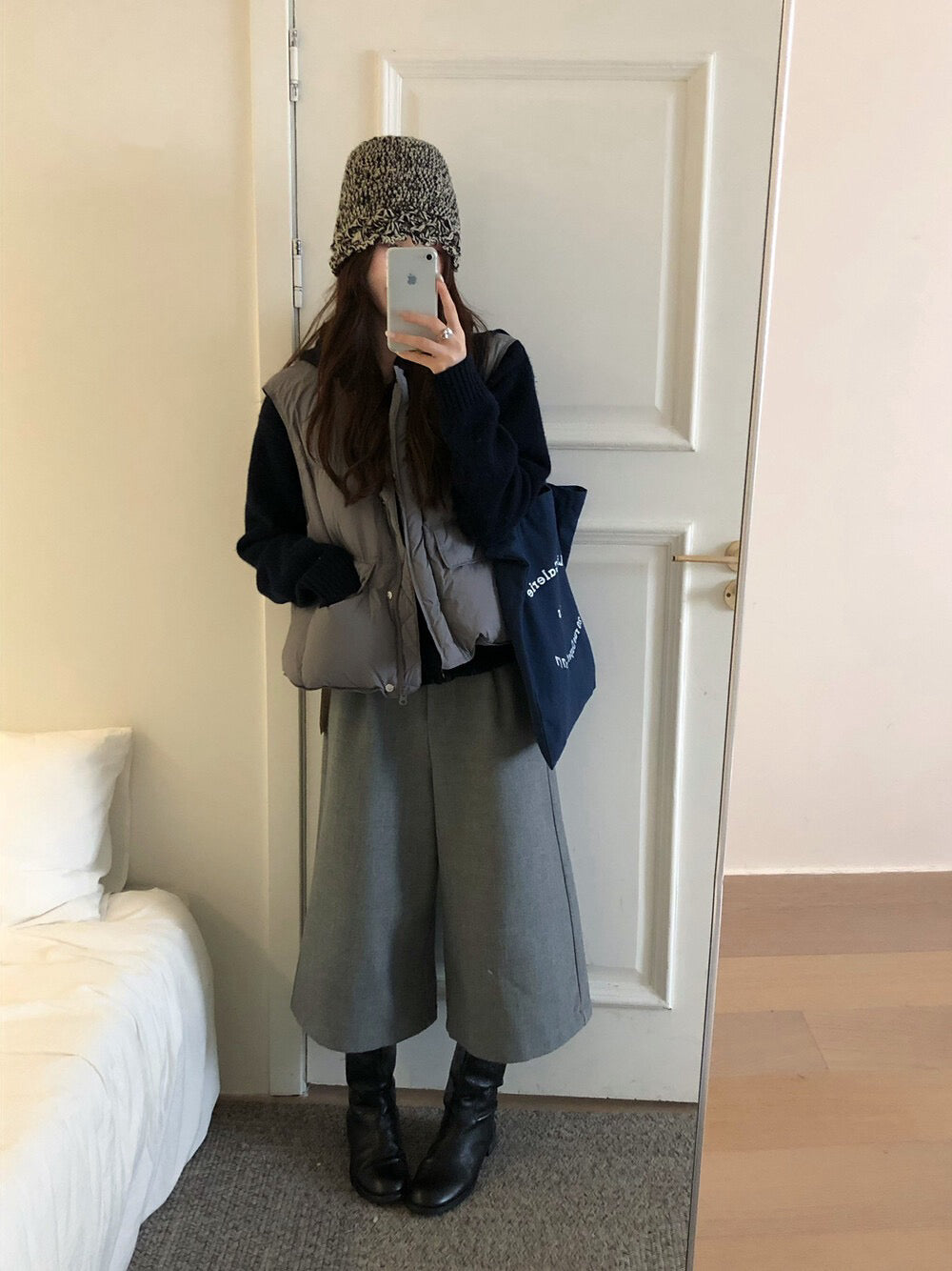 // 帥氣八分毛呢料加絨褲(連小腰包+腰帶)