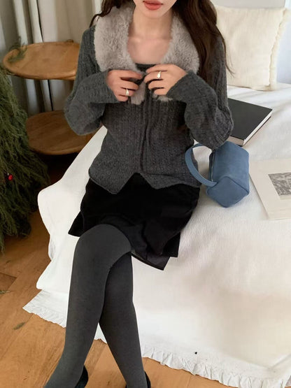 // 小開叉拼lace腳毛呢短裙