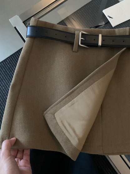 // 10%wool超拉長比例的連腰帶雙層毛呢短裙(內連內裡打底褲)