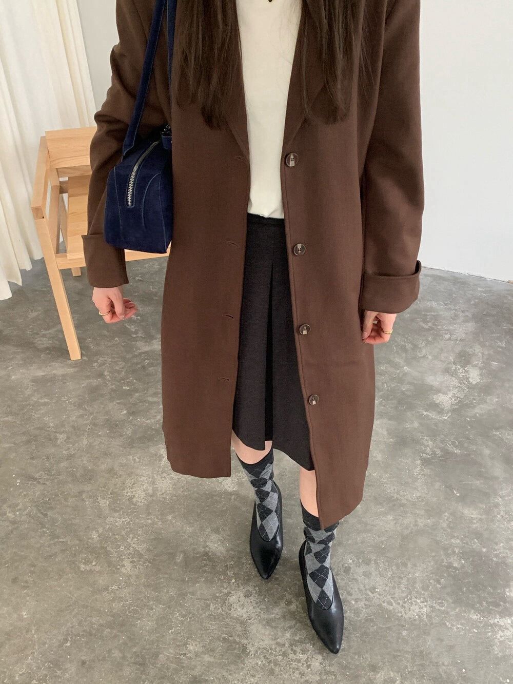 // 連腰帶定位壓褶毛呢五分裙