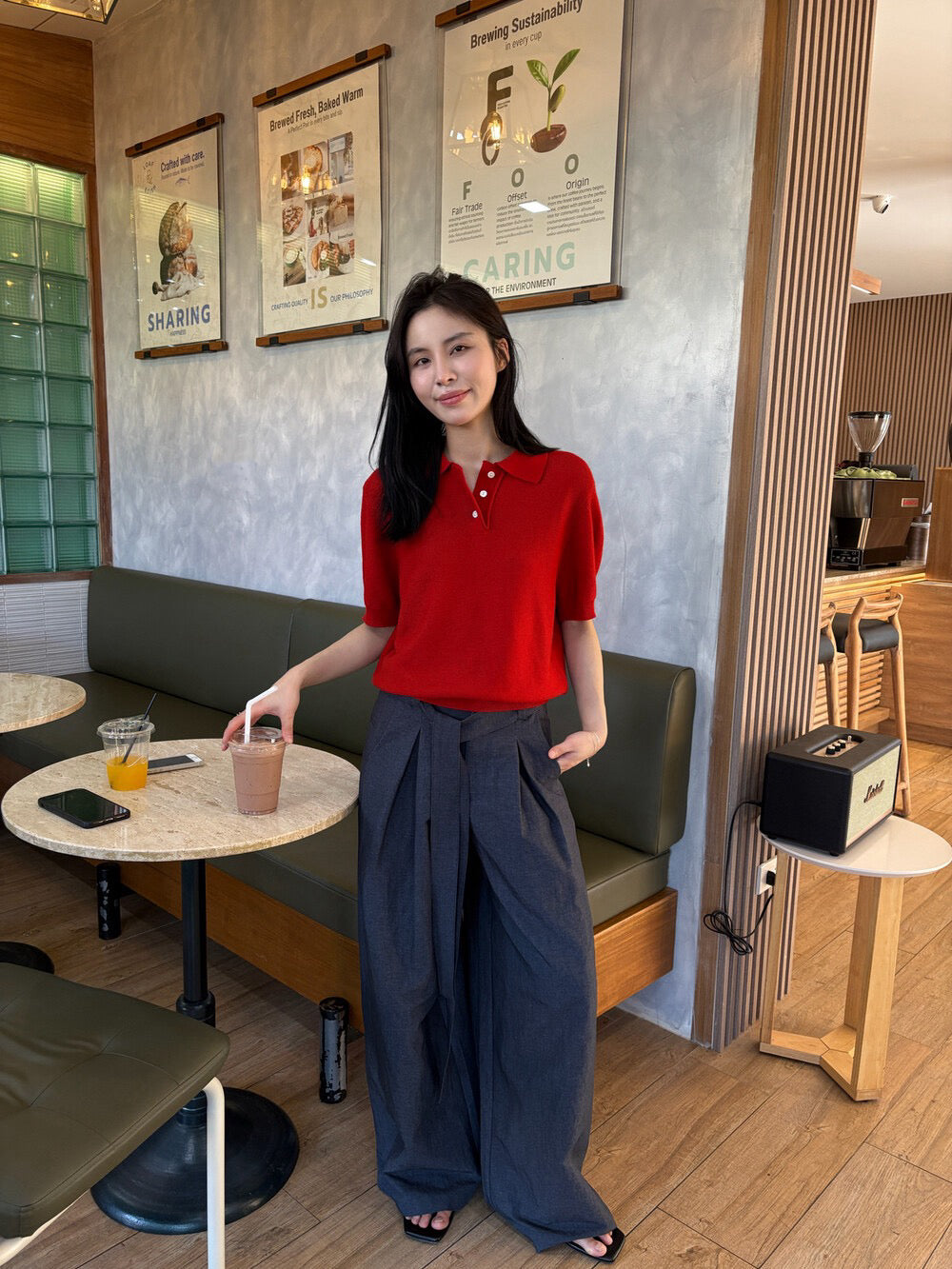 🥤 壓褶質感連腰帶闊腳褲