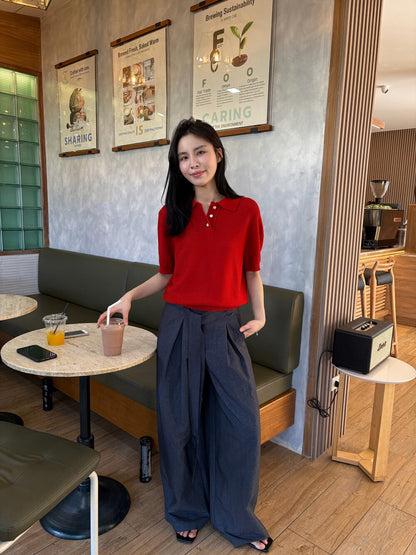 🥤 壓褶質感連腰帶闊腳褲