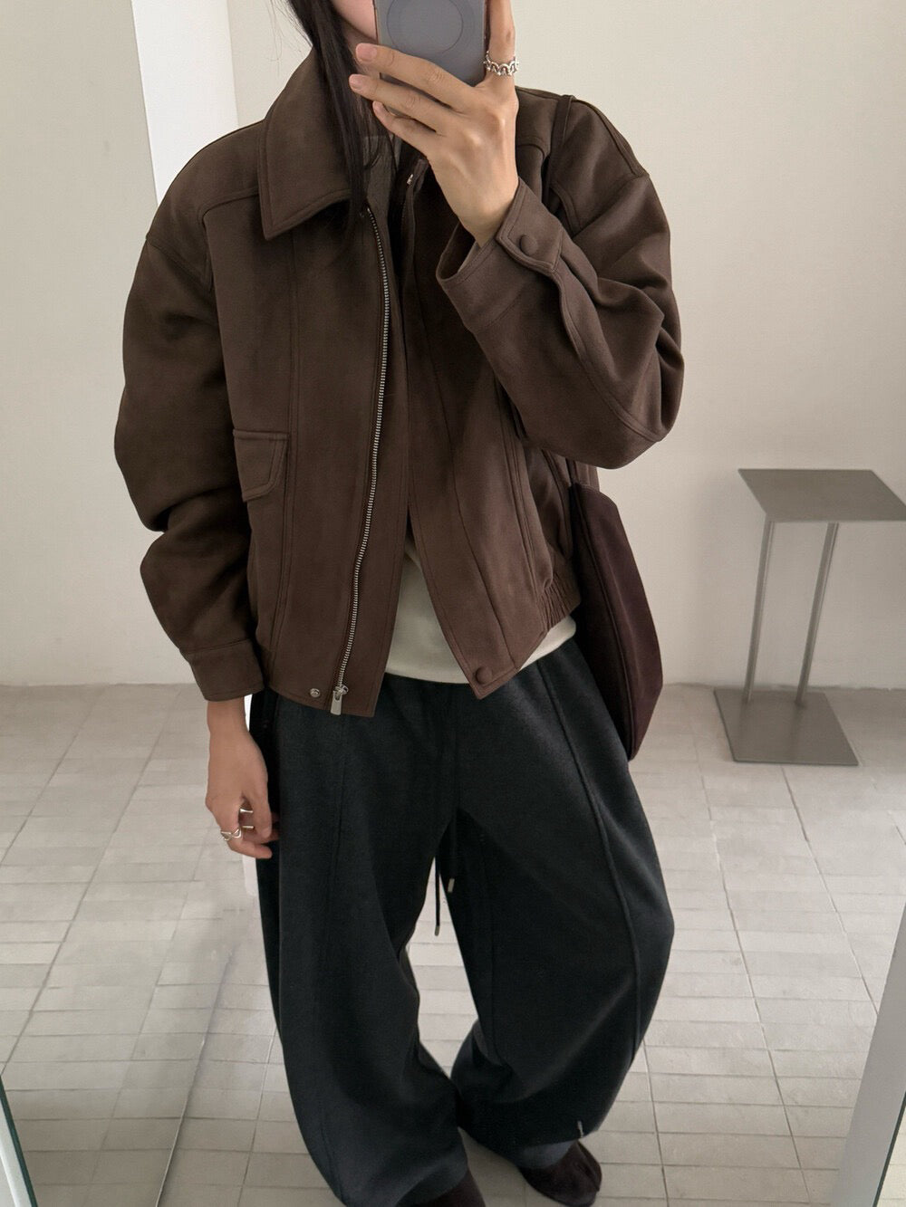 // 經典翻領設計麂皮絨夾棉外套