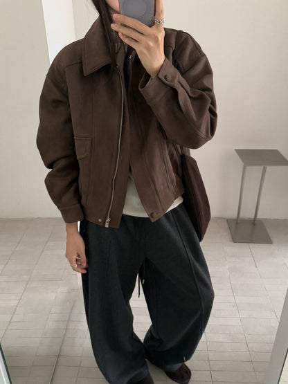 // 經典翻領設計麂皮絨夾棉外套