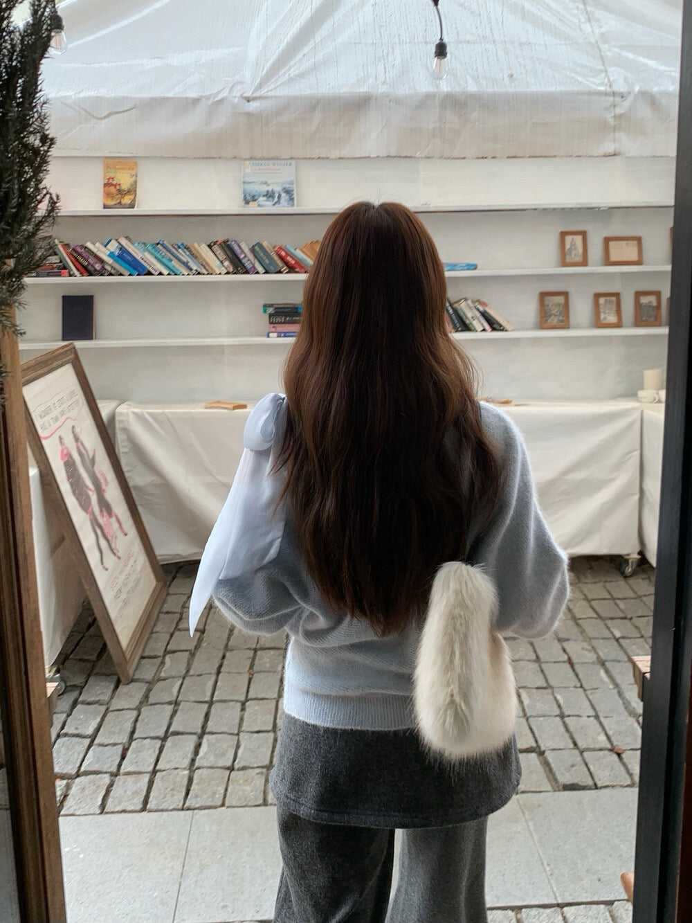 // 斜肩lace綁帶毛衣