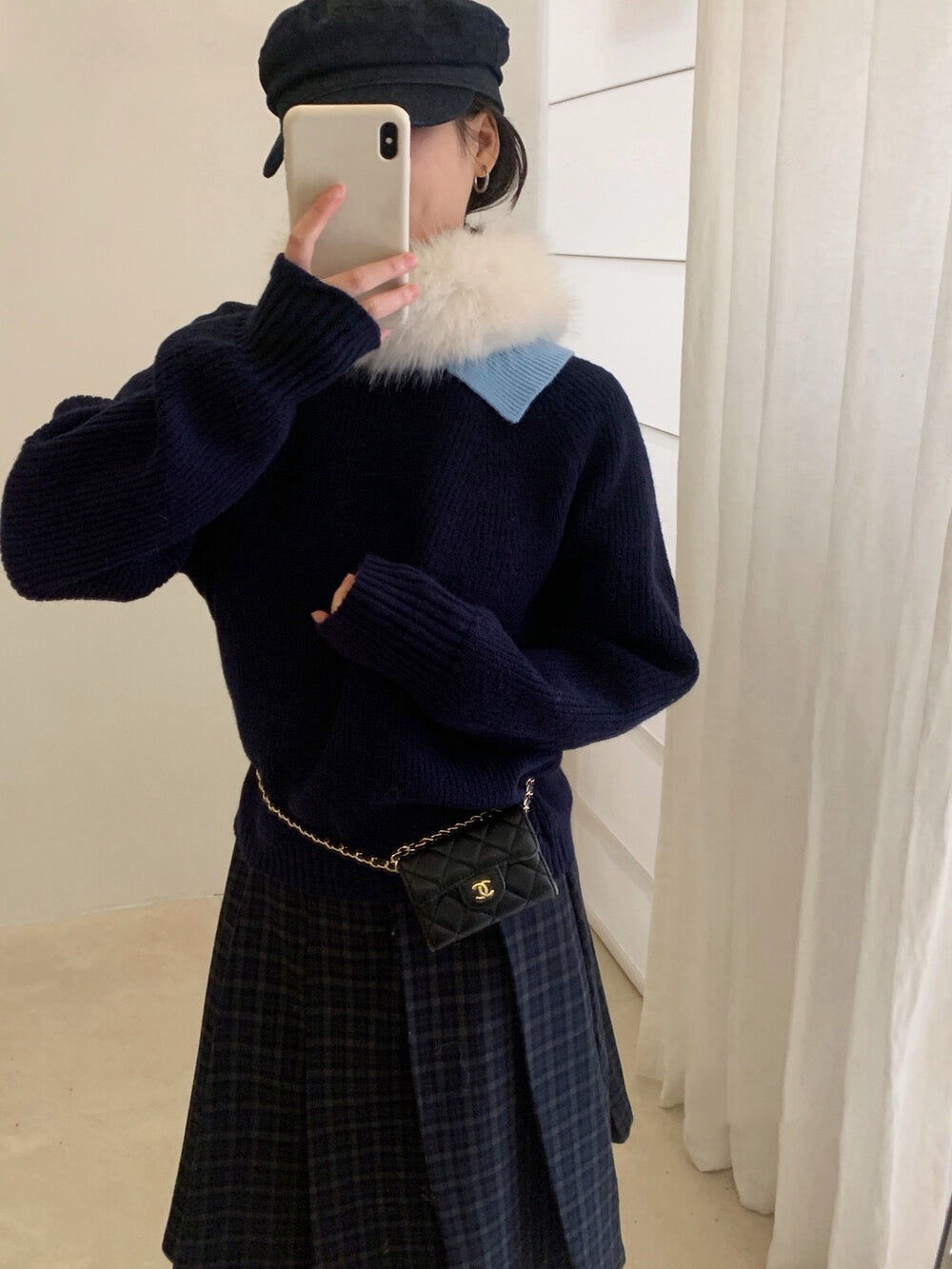 // 部分撞色翻領插肩毛衣