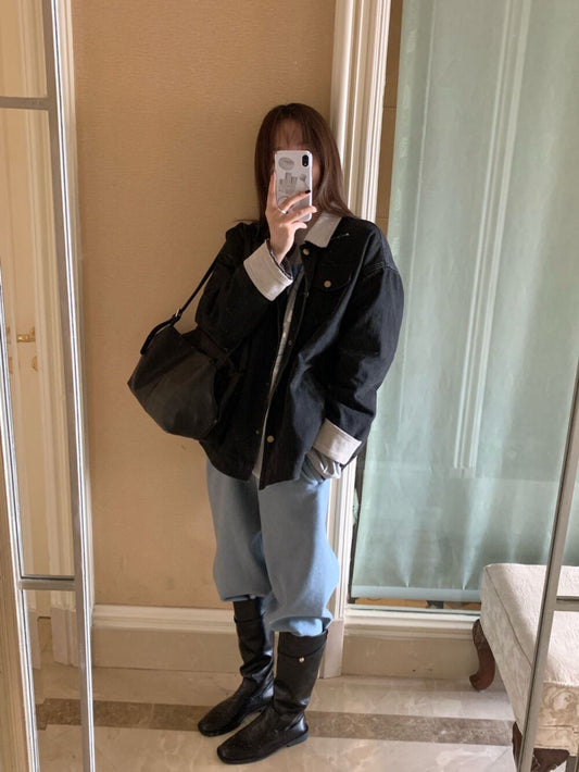 // 拼色燈芯絨領牛仔外套