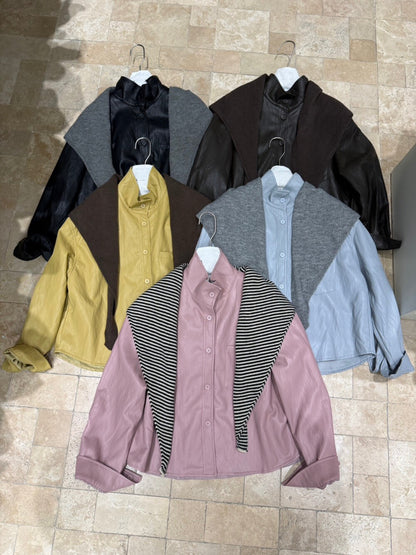 // 立領設計超軟彷皮外套(連披肩)