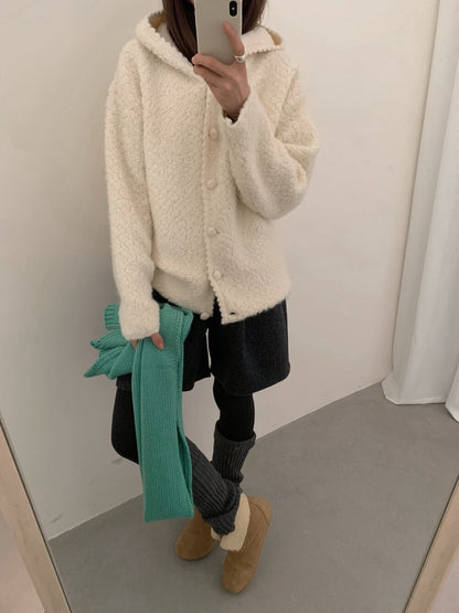 // 超柔軟圈圈絨連帽花邊外套