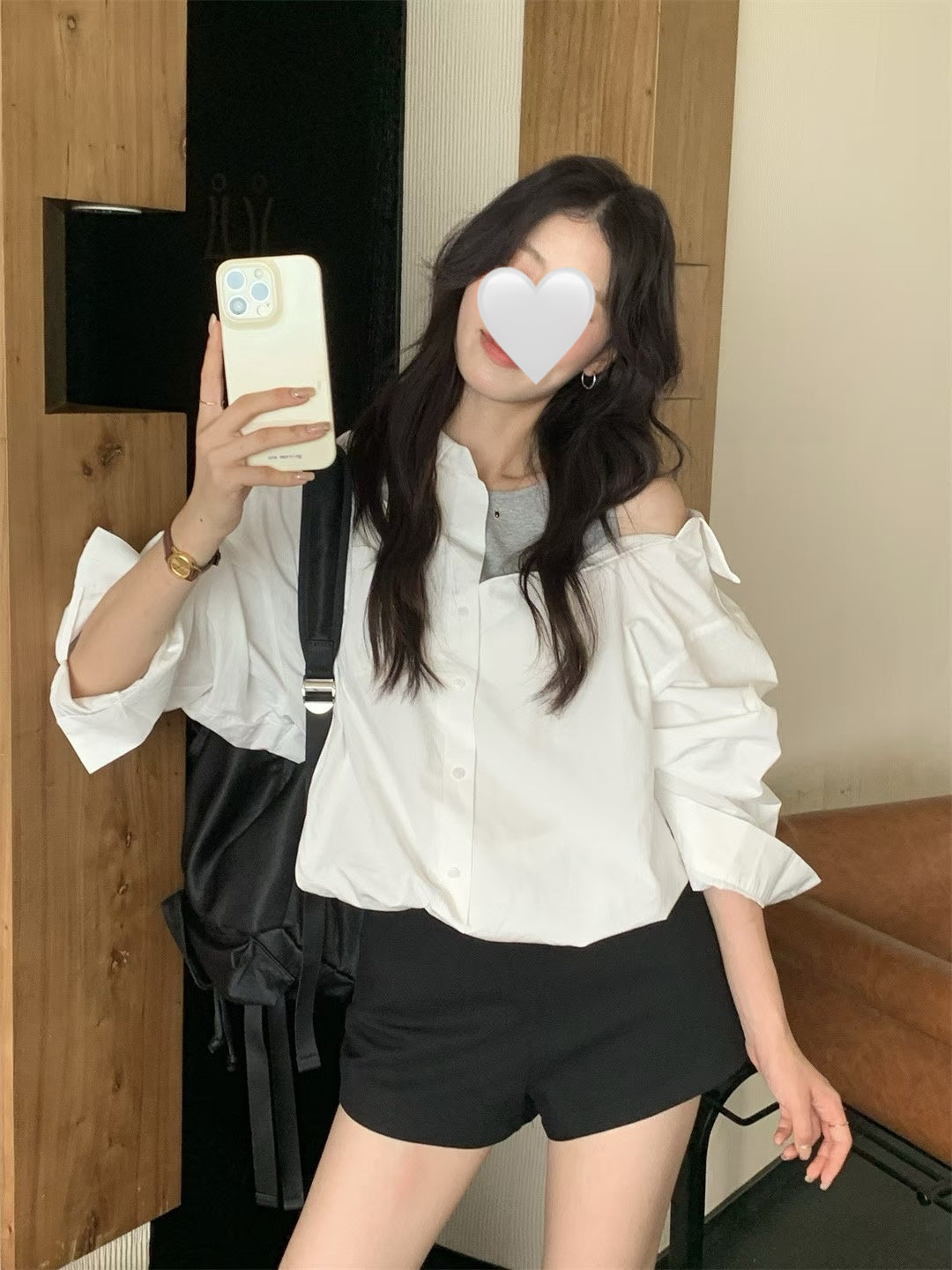 // 設計感假兩件露肩背心恤衫