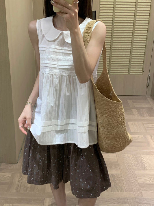 B73 / 娃娃領壓褶lace邊背心BL