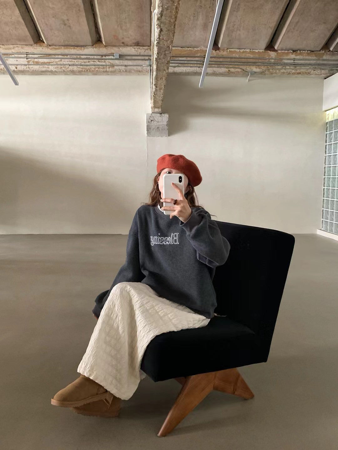 // “Blessing”刺繡拼lace邊加絨衛衣