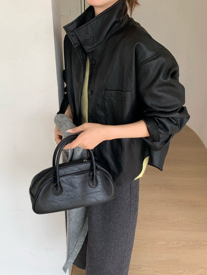 // 立領設計超軟彷皮外套(連披肩)