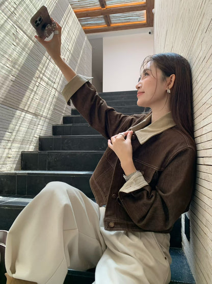 // 復古撞色燈芯絨領短款牛仔外套