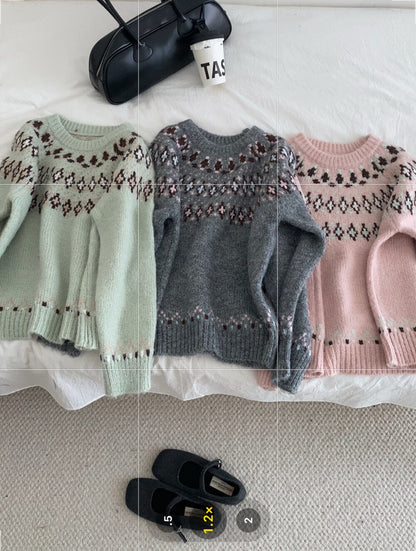 // 復古民族patterns圓領毛衣