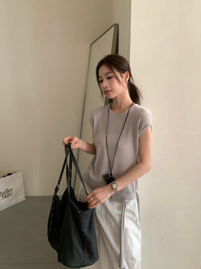 // lyocell麻織紋側綁帶遮肩背心NT