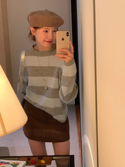 // 撞色粗間條100%羊毛圓領毛衣