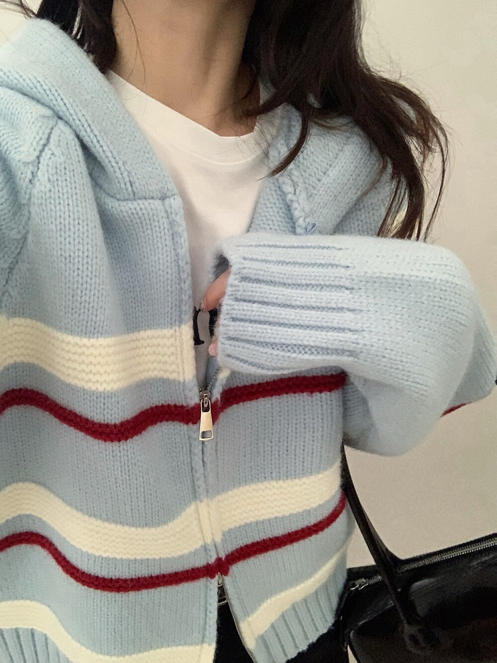 // 復古撞色間條連帽針織CD