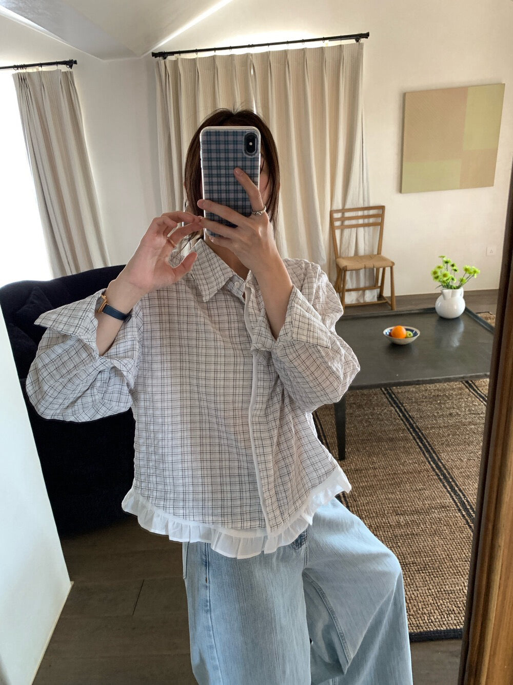 // 拼接花邊腳翻領格仔恤衫