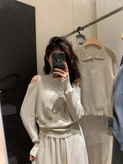 // 設計感交叉露肩針織上衣