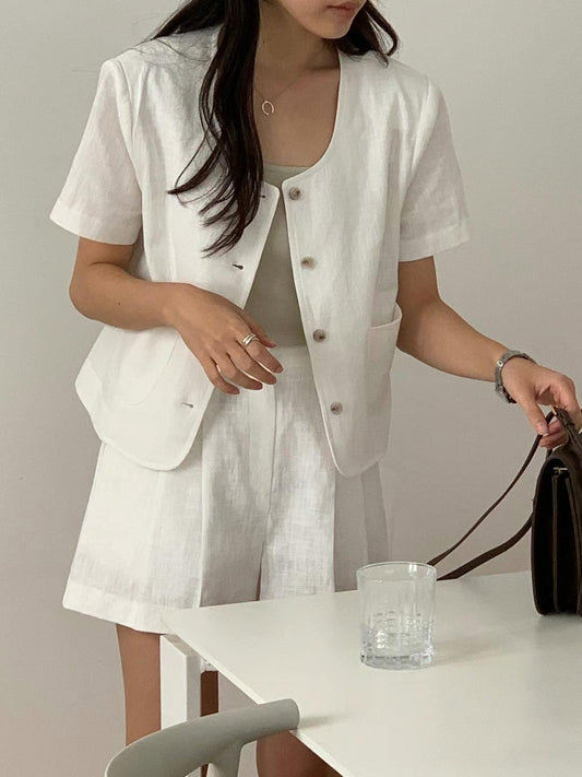 // linen100%簡約口袋外套