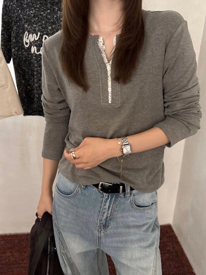 B210 / 拼接lace邊V領側褶褶長袖正肩TEE