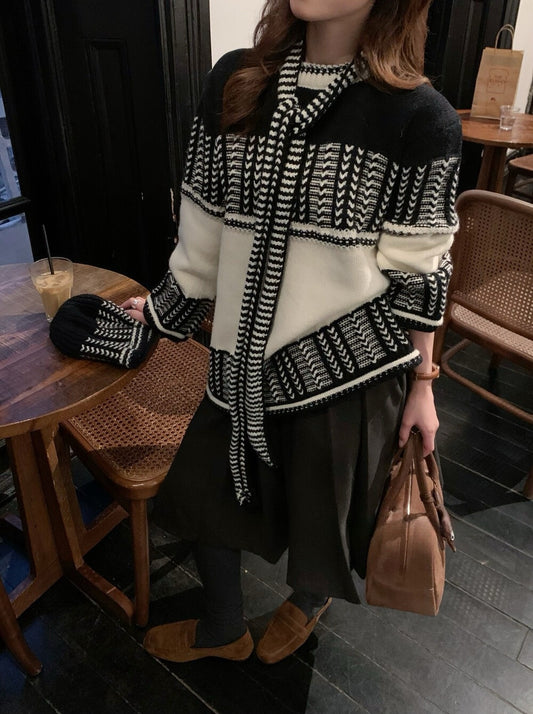 // 復古撞色特別織紋毛衣(連頸巾+帽)