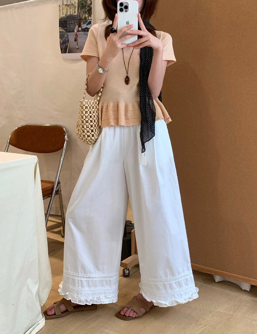 // 小復古刺繡花邊腳休閒褲