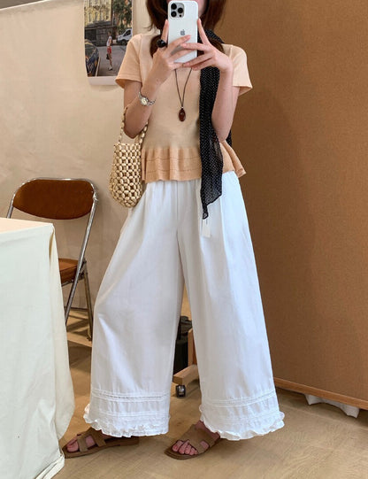 // 小復古刺繡花邊腳休閒褲