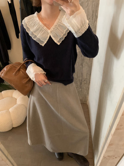 // 拼接花邊lace領+袖混羊毛NT