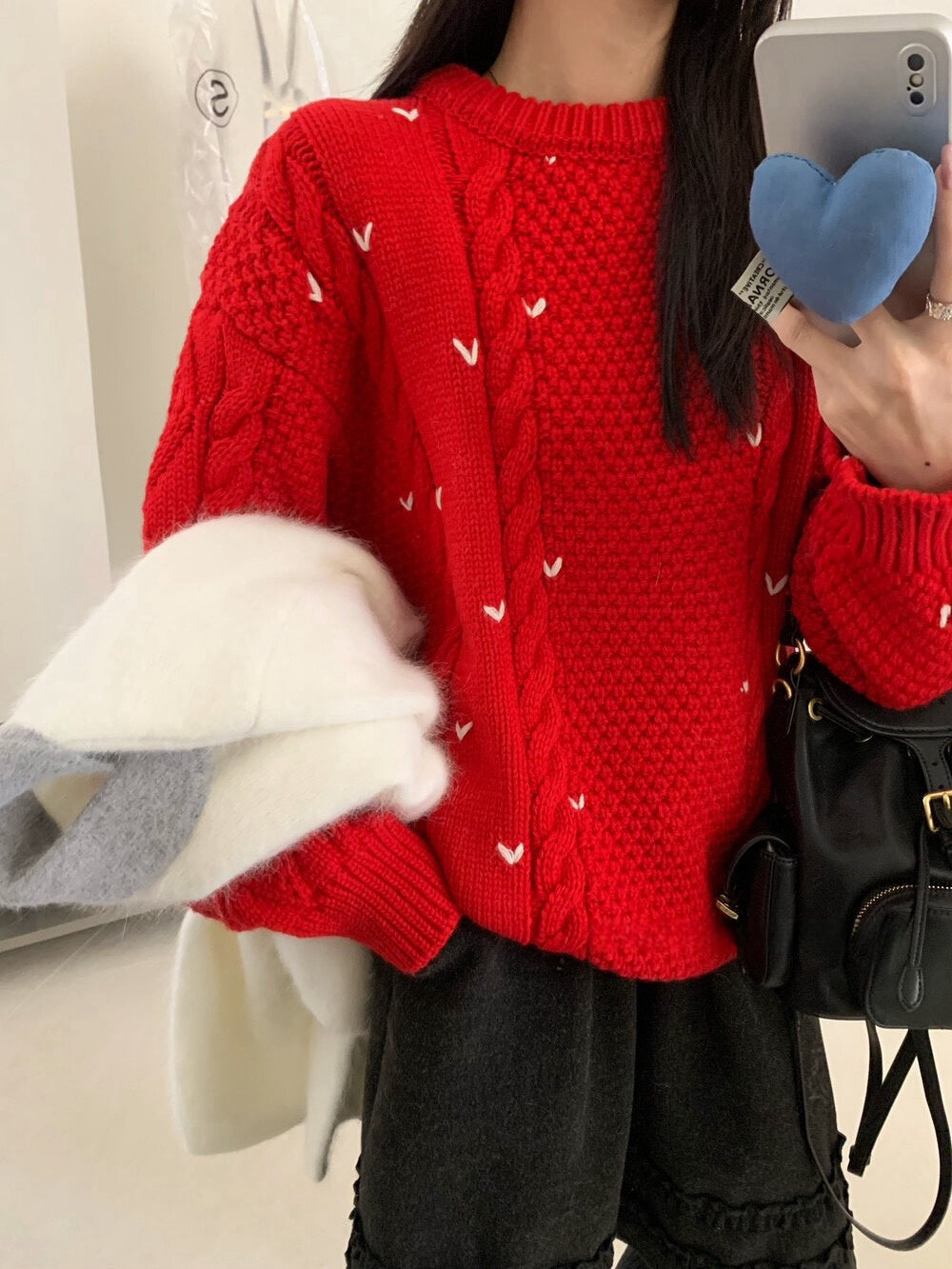 // 5%wool心心刺繡麻花毛衣