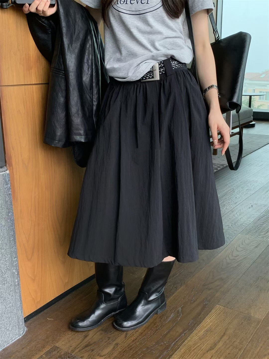 // 法式連腰帶壓褶中長傘裙