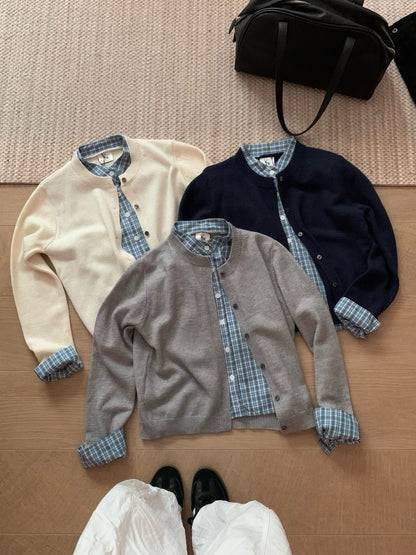 // 大熱拼接格紋恤衫假兩件上衣