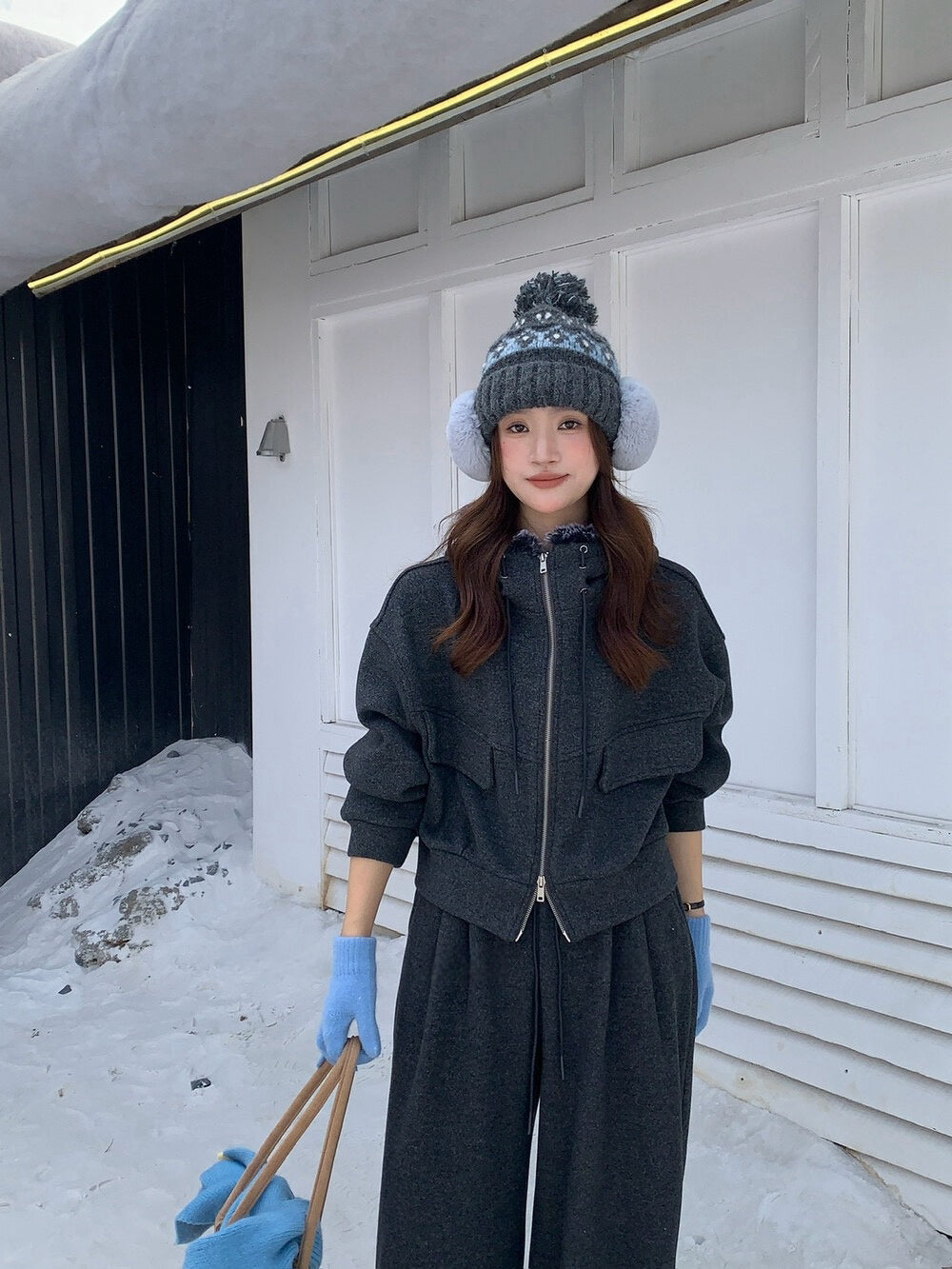 // 連毛毛帽加絨拉鍊外套+橡筋褲套裝