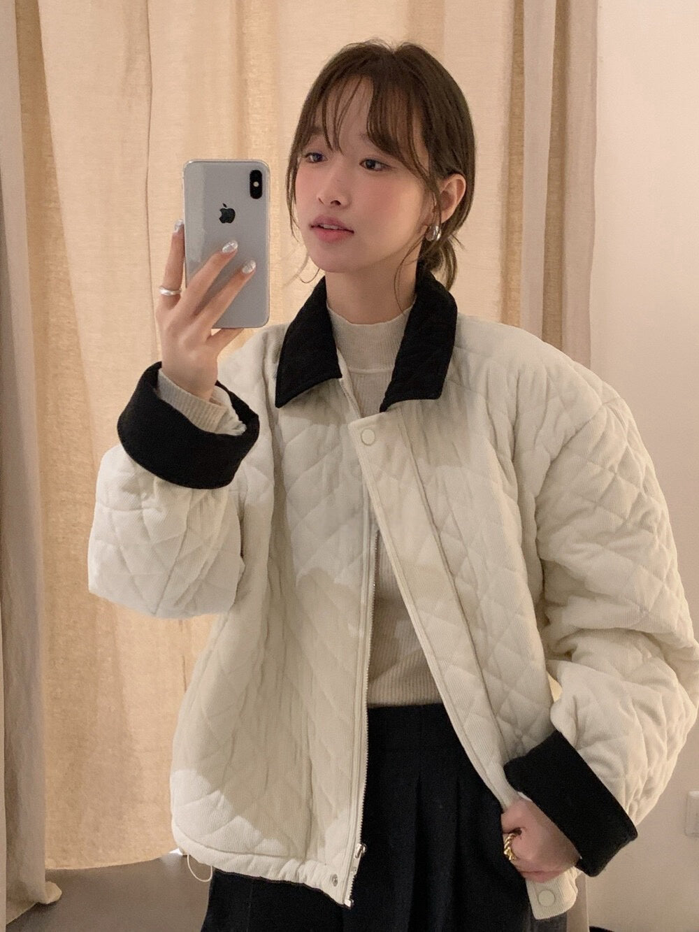 // 拼色燈芯絨領菱格絨面夾棉外套