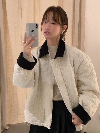 // 拼色燈芯絨領菱格絨面夾棉外套